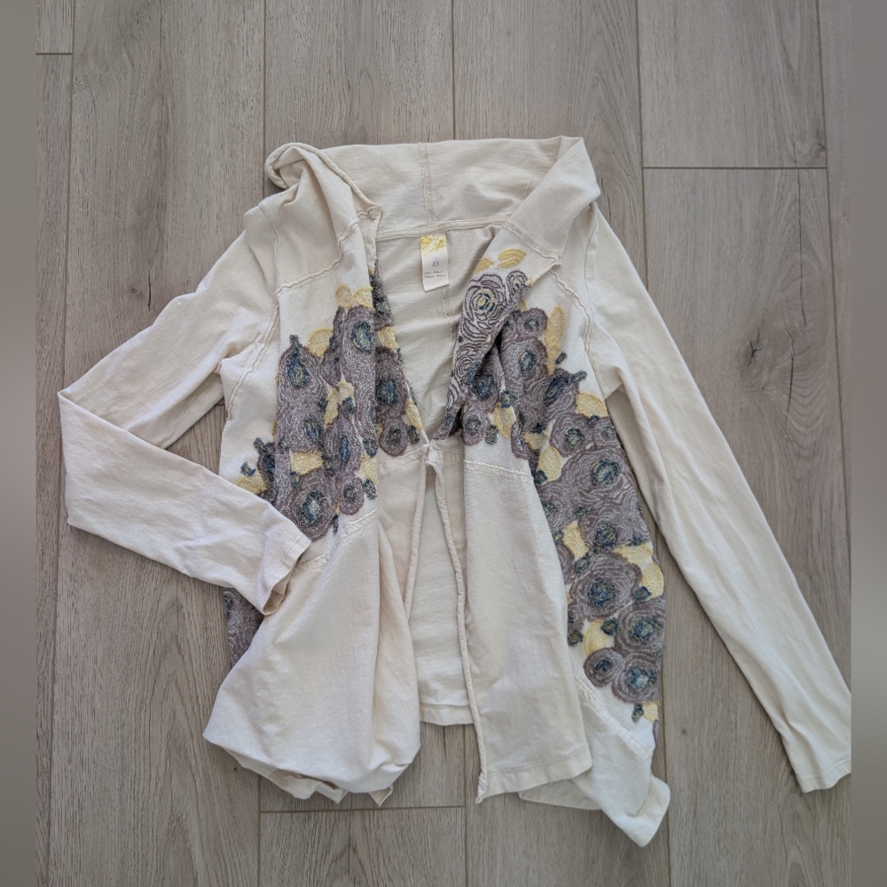 Anthropologie Cream Hoodie Cardigan with Gray & Yellow Floral Appliqué